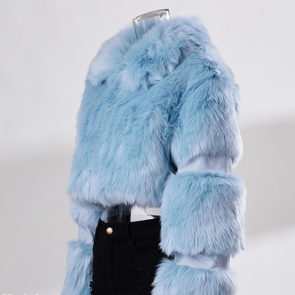 Callie Lives Jackets & Blazers - Stasia Blue: Sky Powder Snow Bunny Puffy Faux Fur & Vegan Cropped Bomber Coat